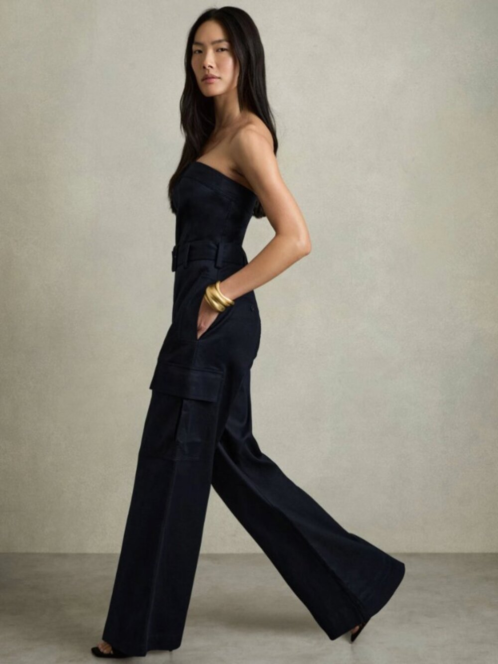 REISS Navy Lois Bandeau Belted Wide Leg Jumpsuit Size US 4 / UK 8 - Picture 8 of 16